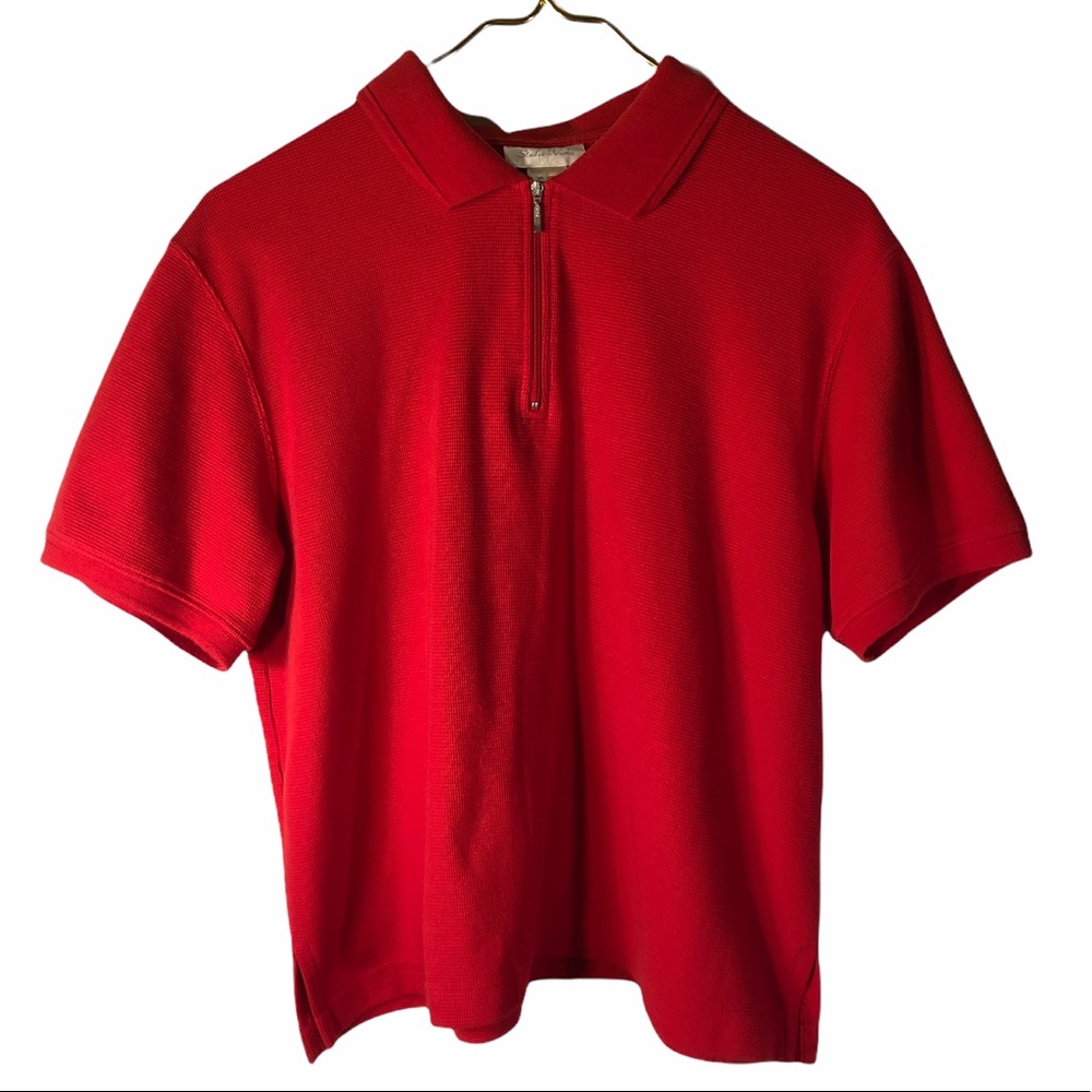 VINTAGE waffle red shirt with collar + zipper